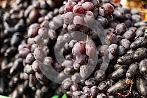 Blue grapes lie on a farmer's market counter.