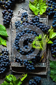 Blue grapes in a wooden box with green leaf on a rustic background.