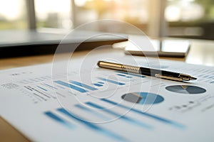 Blue graphs and charts. Business reports and a stack of documents on the desk. Report preparation