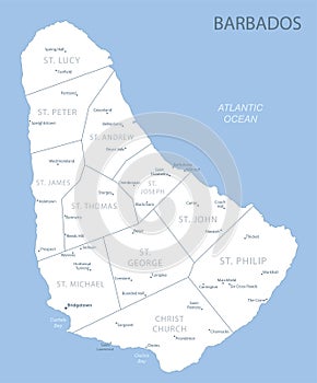 Blue-gray detailed map of Barbados administrative divisions and location on the globe