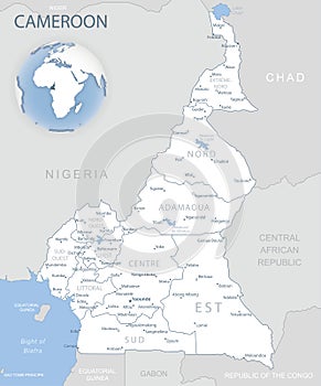 Blue-gray detailed map of Cameroon administrative divisions and location on the globe.