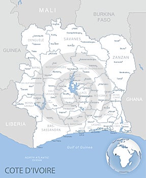 Blue-gray detailed map of Cote d`Ivoire administrative divisions and location on the globe