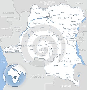 Blue-gray detailed map of Democratic Republic of the Congo administrative divisions and location on the globe