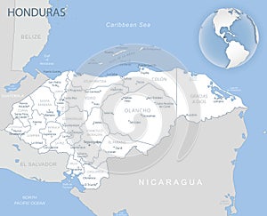 Blue-gray detailed map of Honduras administrative divisions and location on the globe