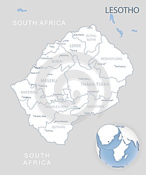 Blue-gray detailed map of Lesotho administrative divisions and location on the globe