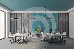 Blue and gray open space office interior