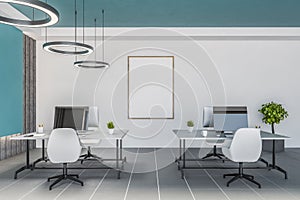 Blue and gray open space office with poster