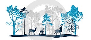 Blue and gray set of trees of different shapes and sizes, deer, doe, fawn. Brush. Silhouettes of forest and animals.