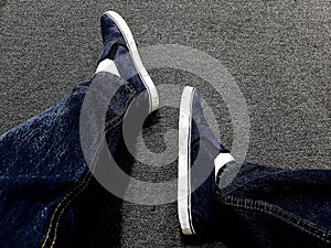 Blue-gray shoes fashion with street background