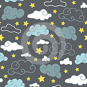 Blue Gray Sky with White Clouds and Stars seamless pattern background