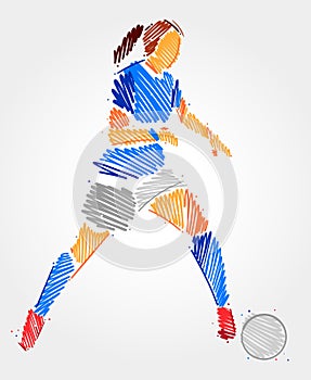 Blue and grayscale brush strokes of woman dominating the ball