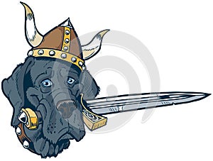 Blue Great Dane cartoon mascot head with viking helmet and sword