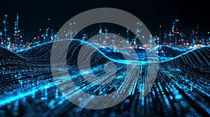 A blue and green abstract image. It depicts digital binary code waves.