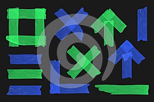 Blue and green adhesive tape set on black background. Different sellotape pieces, realistic vector illustration