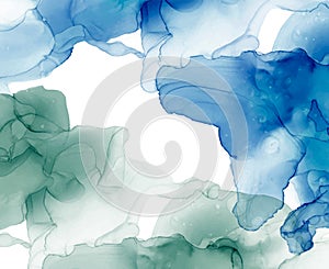 Blue with green alcohol ink texture. Abstract hand painted background. Fluid art painting design. Trendy wallpaper.