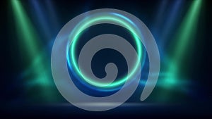 Blue green animated spotlight backdrop. Stage, green blue circular lighting background. Shining light ring. Glowing circle. Stage