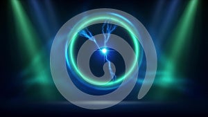 Blue green animated spotlight background. Stage with green blue circular lighting, ball lightning. Light fluorescent ring, dark