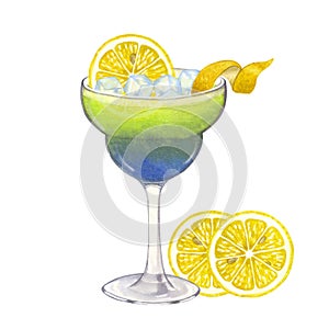 Blue green beach cocktail with lemon, ice. Summer tropical drink. Party time. Hand-drawn watercolor illustration on