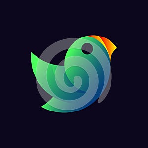 Blue-green bird parrot with an orange beak on a dark background. Design for logo, decor, pattern, emblem, mascot, symbol