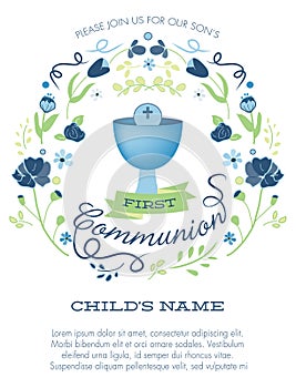 Blue and Green Boys First Holy Communion Invitation with Chalice and Flowers