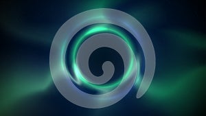 Blue green circular light frame on dark background. Shining light ring. Glowing blue green plasma circle. Abstract background,