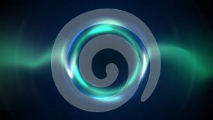 Blue green circular light frame on dark background. Shining light ring. Glowing green blue circle. Stage backdrop. Abstract