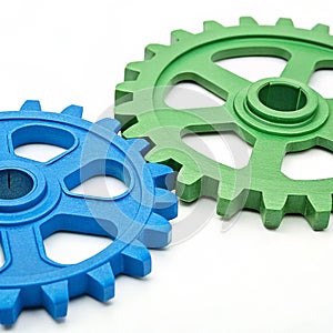 Blue and green cog isolated on white background photo