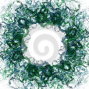 Blue-green curly swirls on a white background create a frame. Abstract fractal background. 3D rendering.