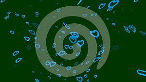 Blue green dark background, appearing and disappearing hearts in a wave form, abstract