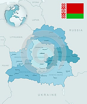 Blue-green detailed map of Belarus and administrative divisions with country flag and location on the globe