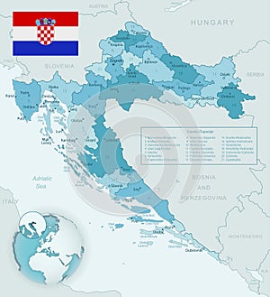 Blue-green detailed map of Croatia administrative divisions with country flag and location on the globe