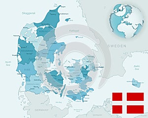 Blue-green detailed map of Denmark administrative divisions with country flag and location on the globe