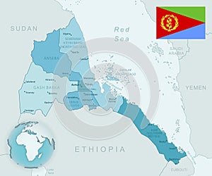 Blue-green detailed map of Eritrea administrative divisions with country flag and location on the globe