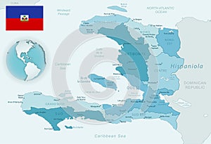 Blue-green detailed map of Haiti administrative divisions with country flag and location on the globe.