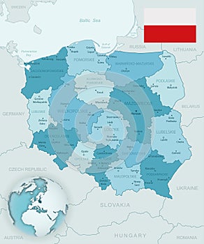 Blue-green detailed map of Poland and administrative divisions with country flag and location on the globe.