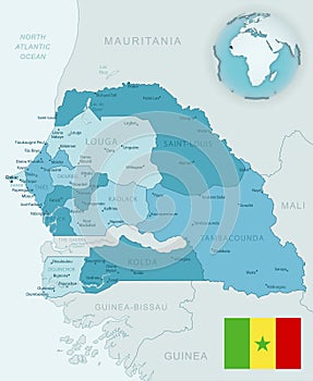 Blue-green detailed map of Senegal administrative divisions with country flag and location on the globe photo