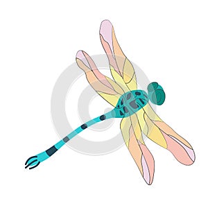 Blue-green dragonfly with rainbow wings in flight