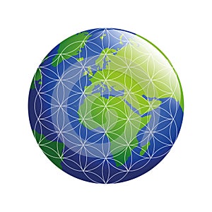 Blue and green earth with flower of life