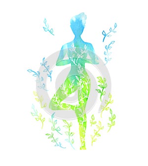 Blue and green female silhouette doing yoga