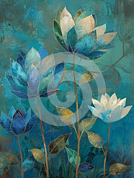 Blue Green Floral Watercolor Painting