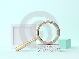 Blue-green geometric scene 3d rendering gold magnifying glass abstract