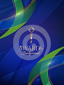 Blue Green Golden Side Curve Wave Award Background. Trophy on Luxury Background. Modern Abstract Design Template.