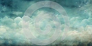 Blue green grunge sky and clouds background with a vintage retro feel