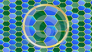 Blue and green hexagon pattern in gold frame and big hexagon in gold frame in the center