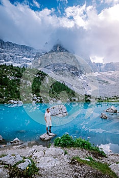 Blue green lake in the Italian Dolomites,Beautiful Lake Sorapis Lago di Sorapis in Dolomites, popular travel destination