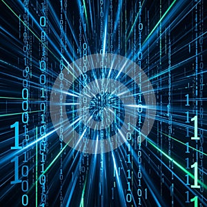 Representation suggests themes of digital data, programming, and