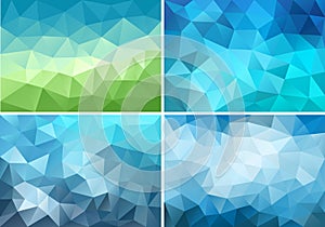 Blue and green low poly backgrounds, vector set