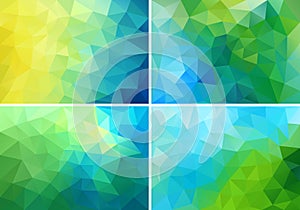 Blue and green low poly backgrounds, vector set