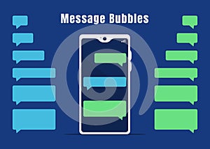 Blue and green messaging bubbles collection. Empty mobile chat design elements and white mobile phone