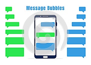 Blue and green messaging bubbles collection. Empty mobile chat design elements and white mobile phone